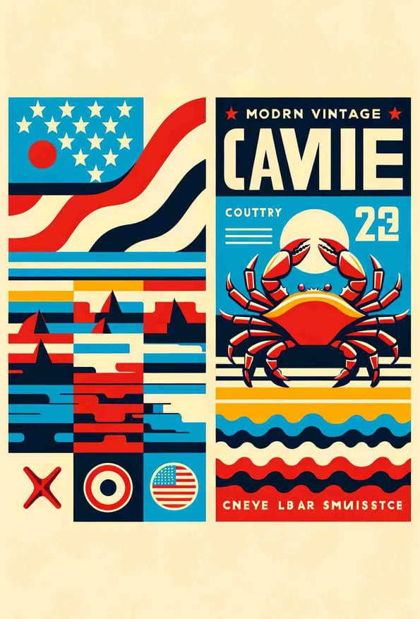 Retro Coastal Maritime Poster: Modern Vintage Design with Iconic Crab and Checkerboard Background — art print