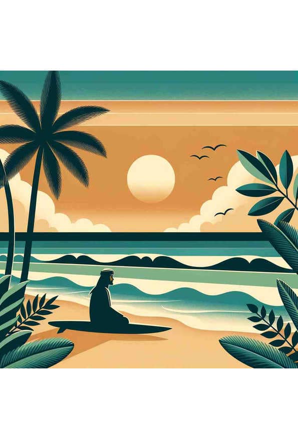 Minimalist Tropical Sunset with Surfer — art print