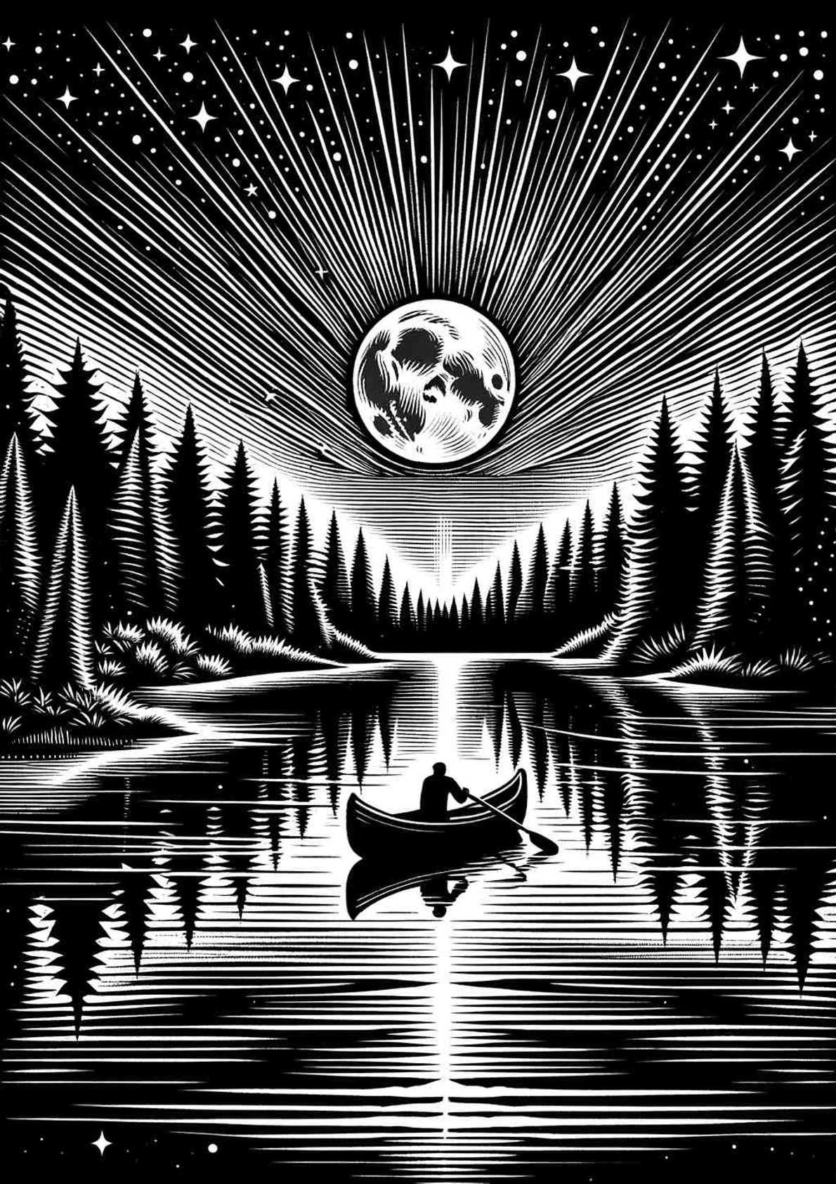 Moonlit Solitude: A Linocut Canoe Journey — art print