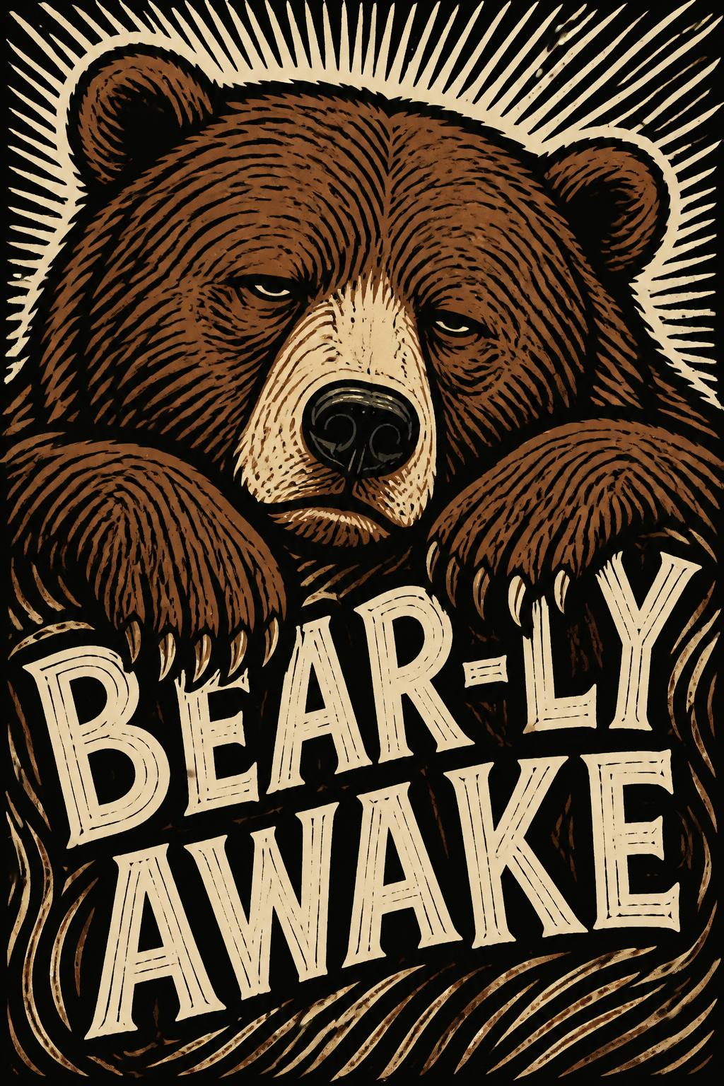 Bear-Ly Awake Woodcut Poster — art print