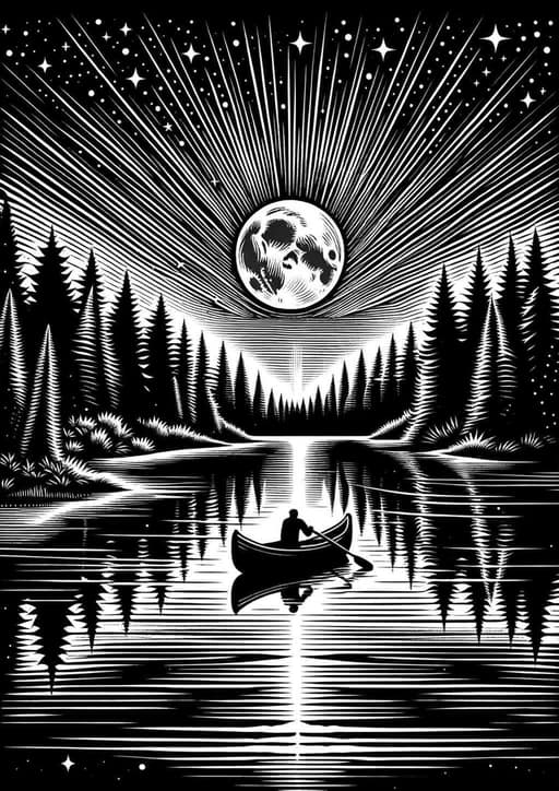 Moonlit Solitude: A Linocut Canoe Journey - Wall Art Print
