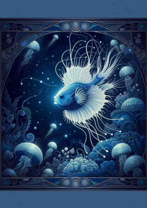 Ethereal Angler: An Art Nouveau Aquatic Dreamscape - Wall Art Print