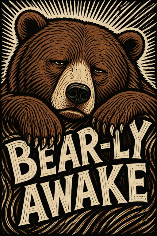 Bear-Ly Awake Woodcut Poster - Wall Art Print