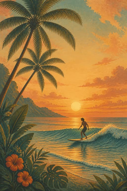 Vintage Tropical Sunset Surf - Wall Art Print