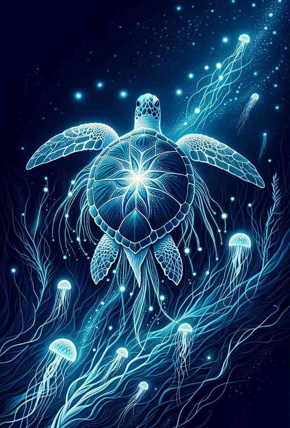 Celestial Sea Turtle in Bioluminescent Waters - Wall Art Print